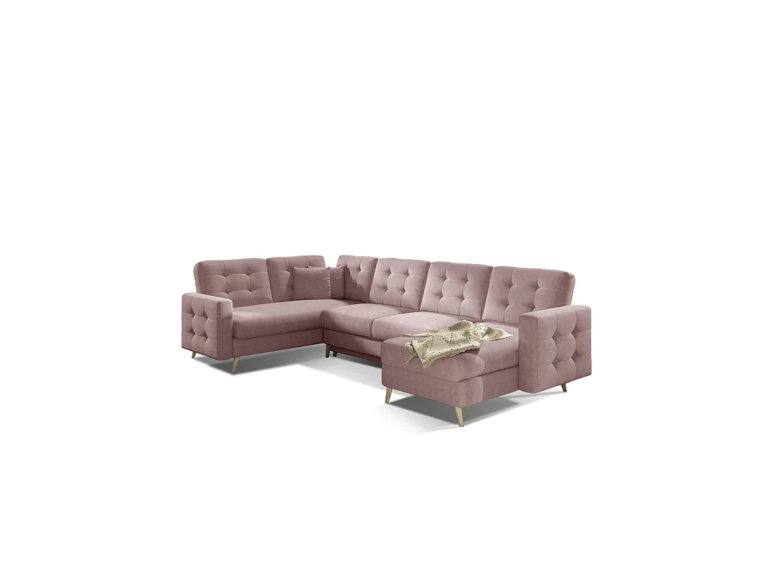 Canapé d'angle panoramique convertible U HASGARD 326 cm rose chenille avec coffre