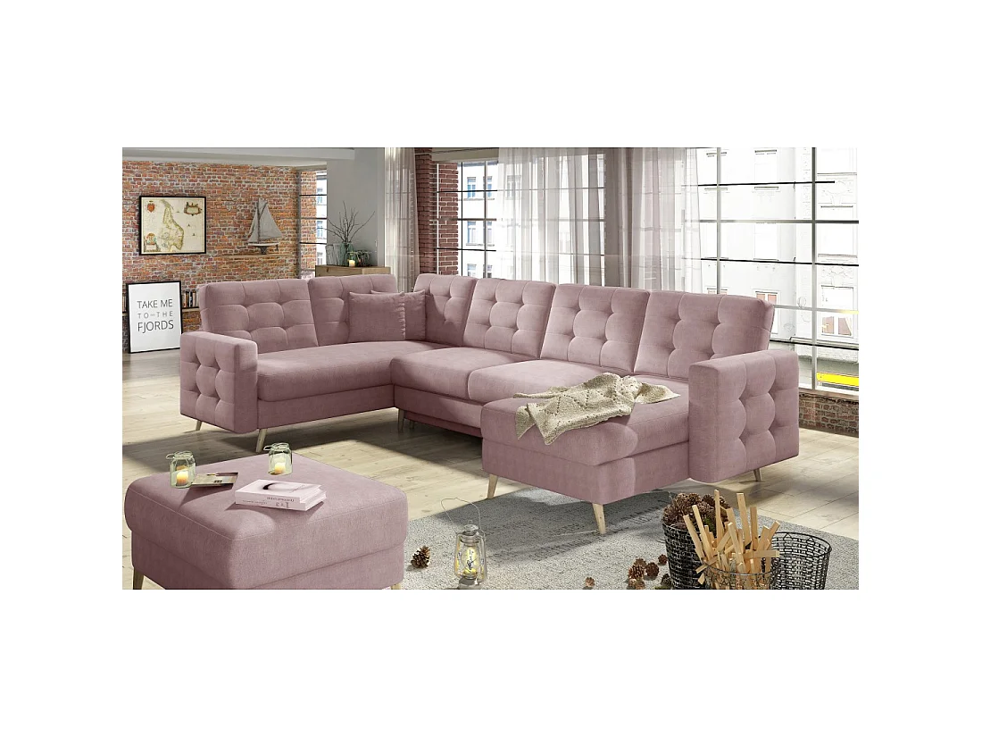 Canapé d'angle panoramique convertible U HASGARD 326 cm rose chenille avec coffre