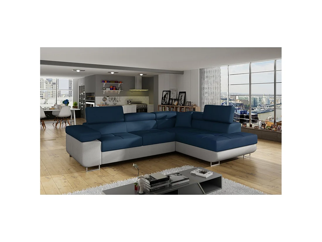 Canapé d'angle convertible MENTON bleu océan et blanc – Angle droit avec coffre