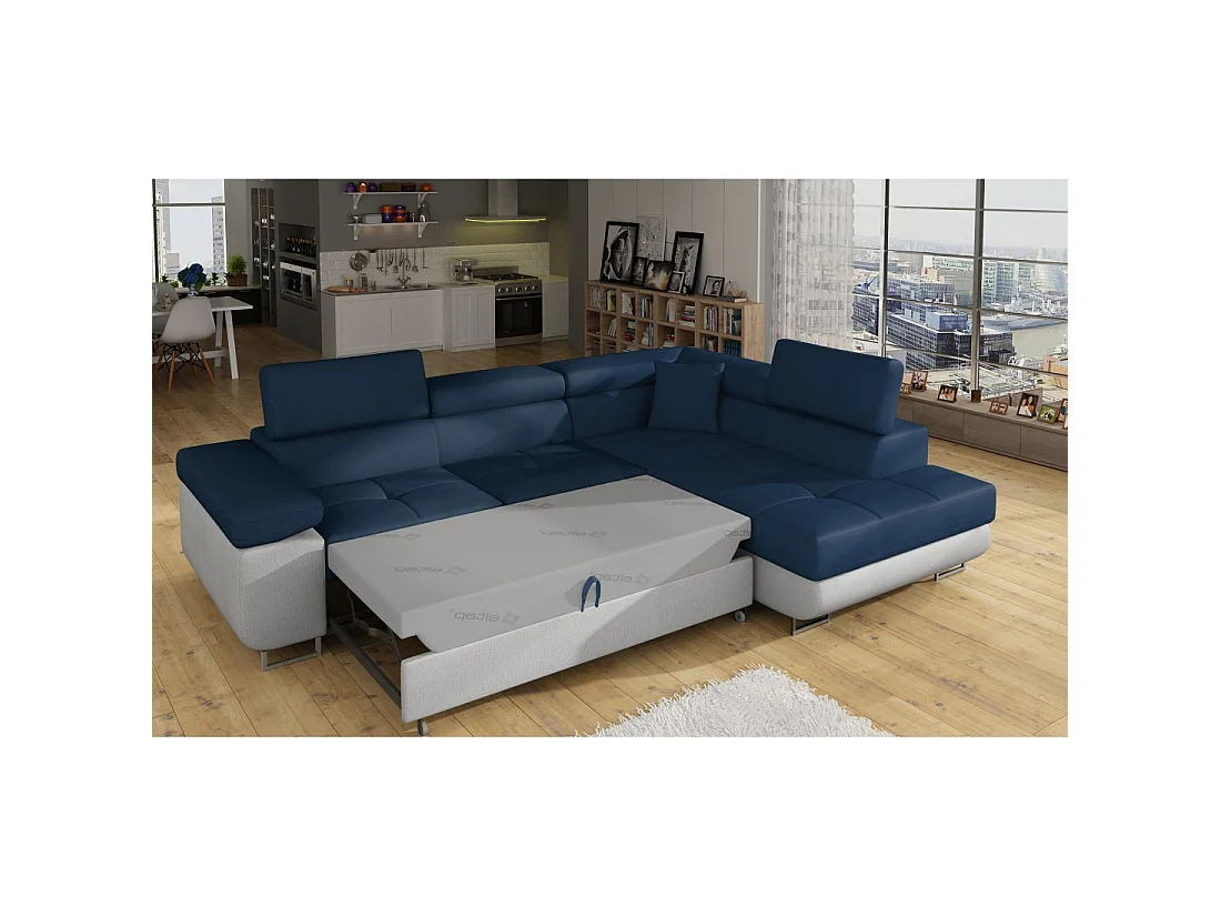 Canapé d'angle convertible MENTON bleu océan et blanc – Angle droit avec coffre