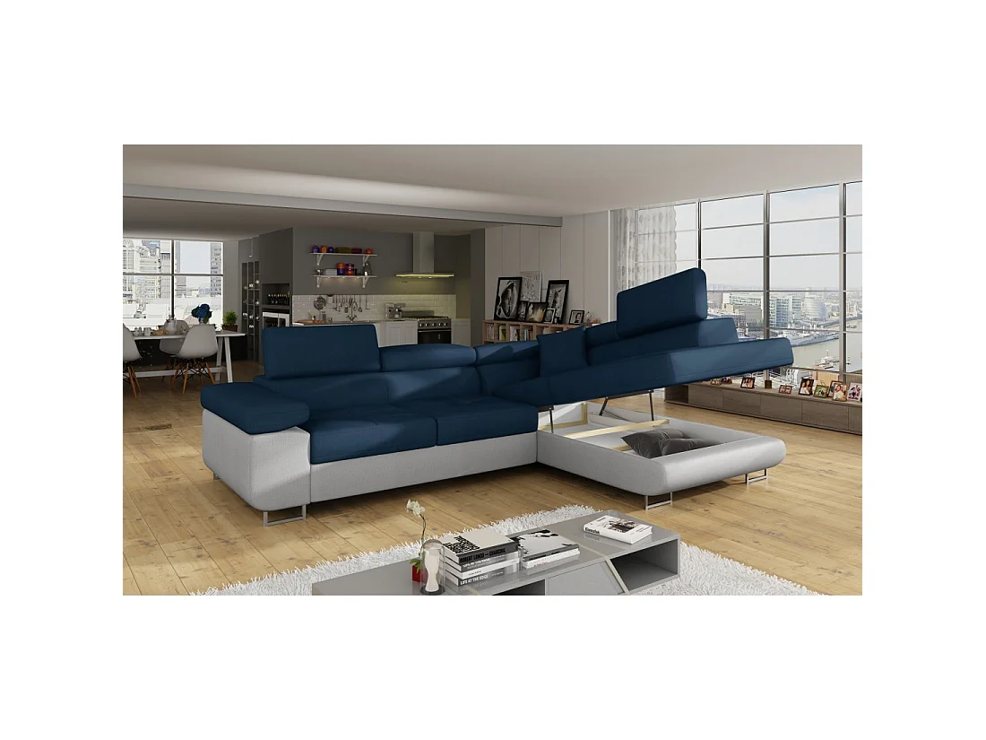 Canapé d'angle convertible MENTON bleu océan et blanc – Angle droit avec coffre