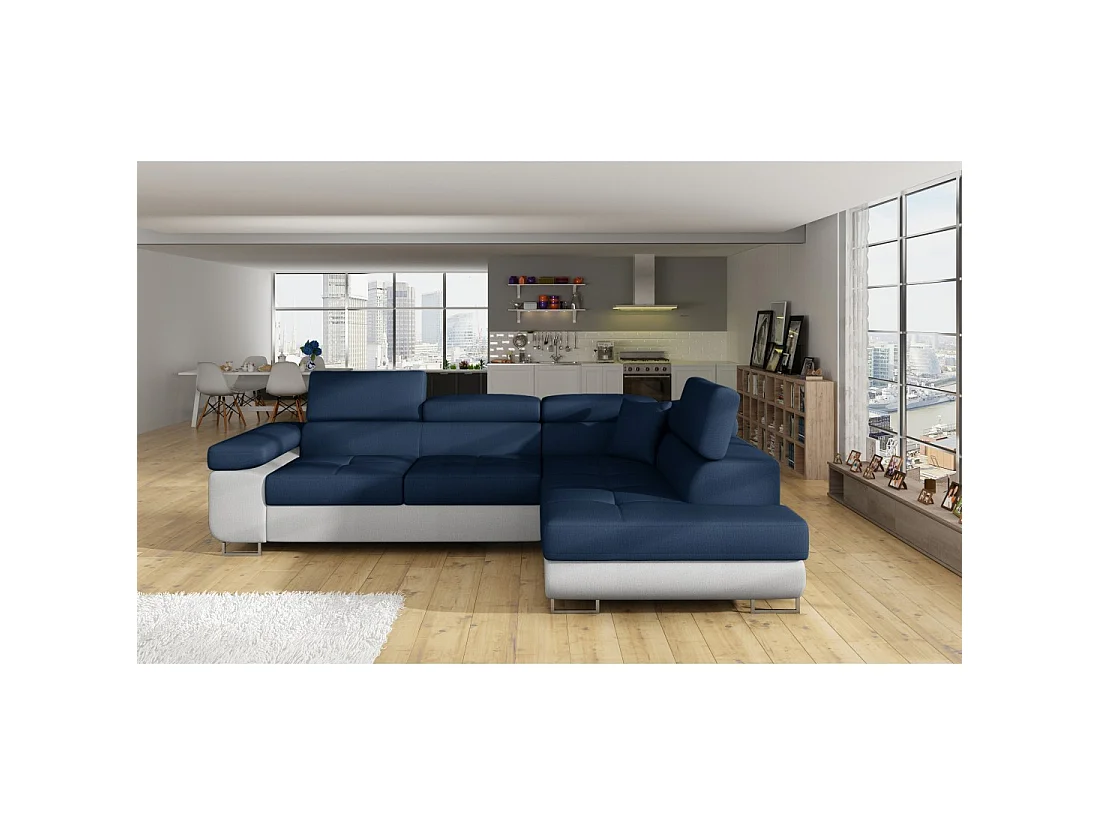 Canapé d'angle convertible MENTON bleu océan et blanc – Angle droit avec coffre