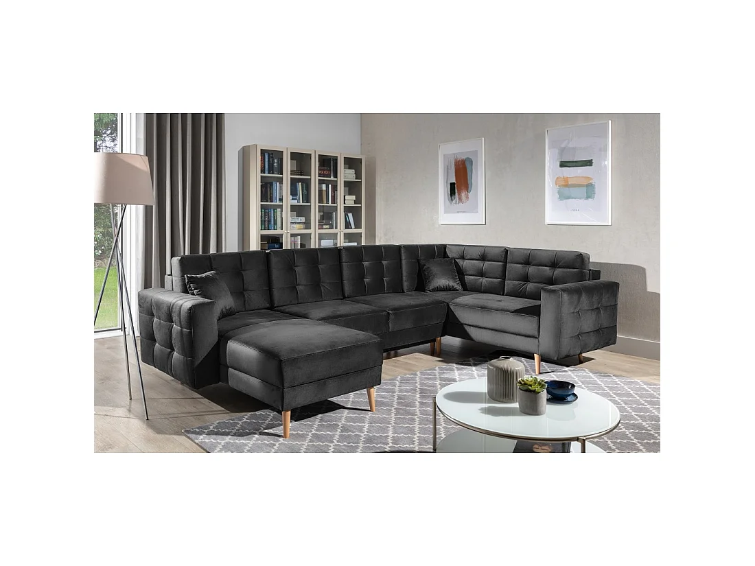 Canapé d'angle panoramique convertible U HASGARD 326 cm gris foncé velours avec coffre