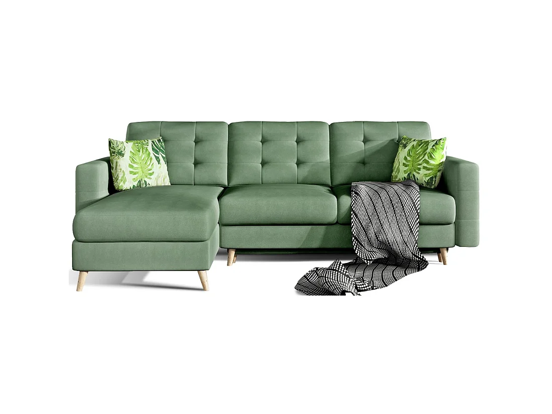 Canapé d'angle convertible HASGARD 3 places vert 248x162 cm – coffre et pieds bois