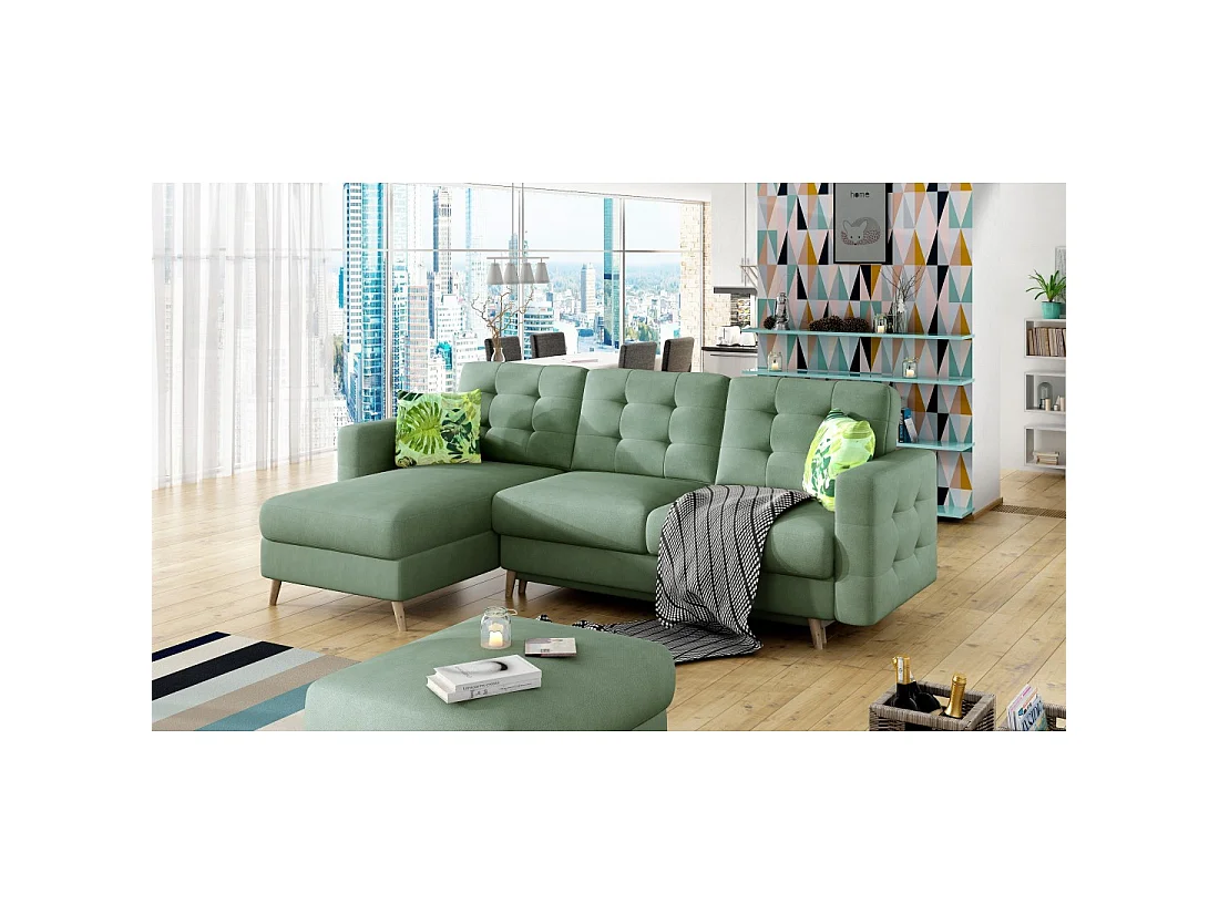 Canapé d'angle convertible HASGARD 3 places vert 248x162 cm – coffre et pieds bois