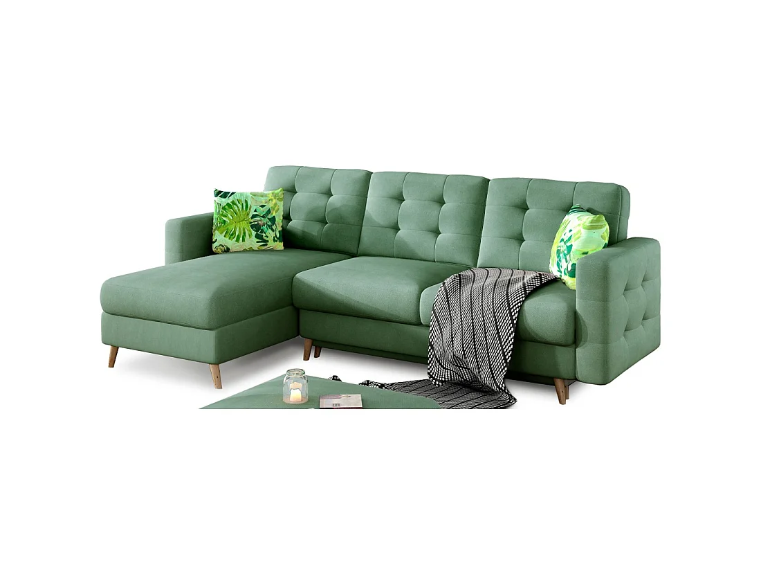 Canapé d'angle convertible HASGARD 3 places vert 248x162 cm – coffre et pieds bois