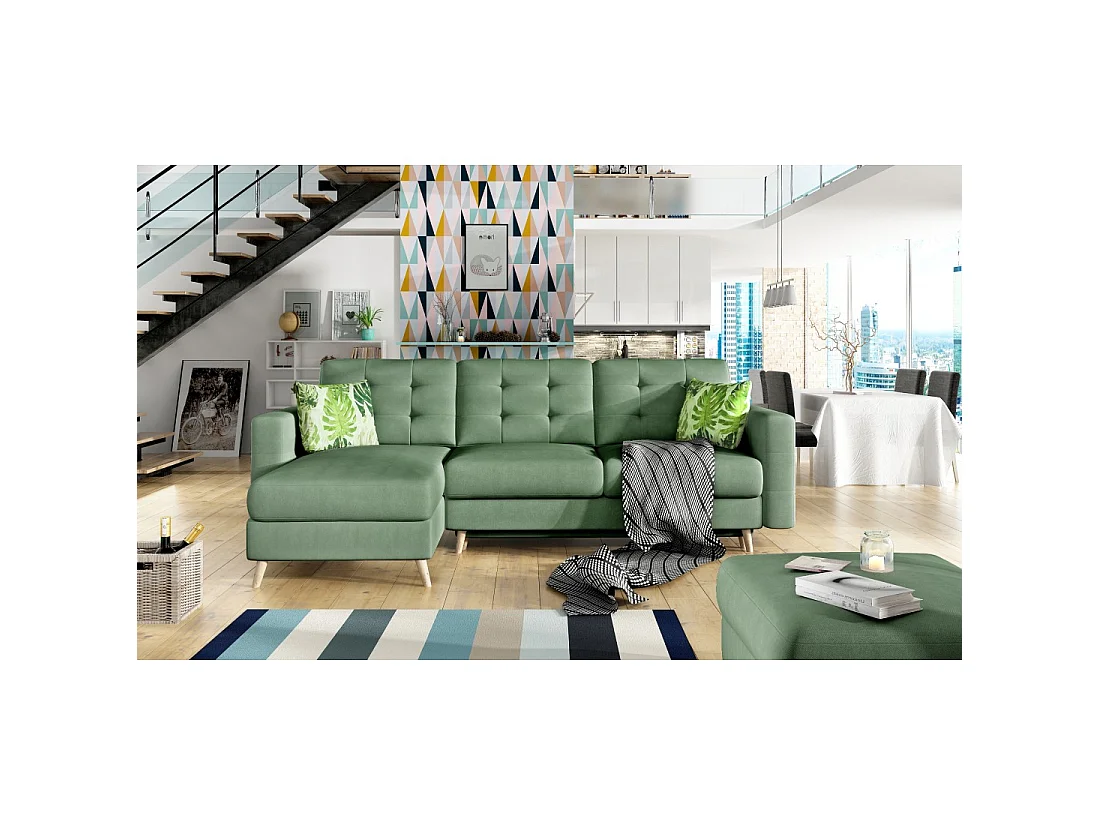 Canapé d'angle convertible HASGARD 3 places vert 248x162 cm – coffre et pieds bois