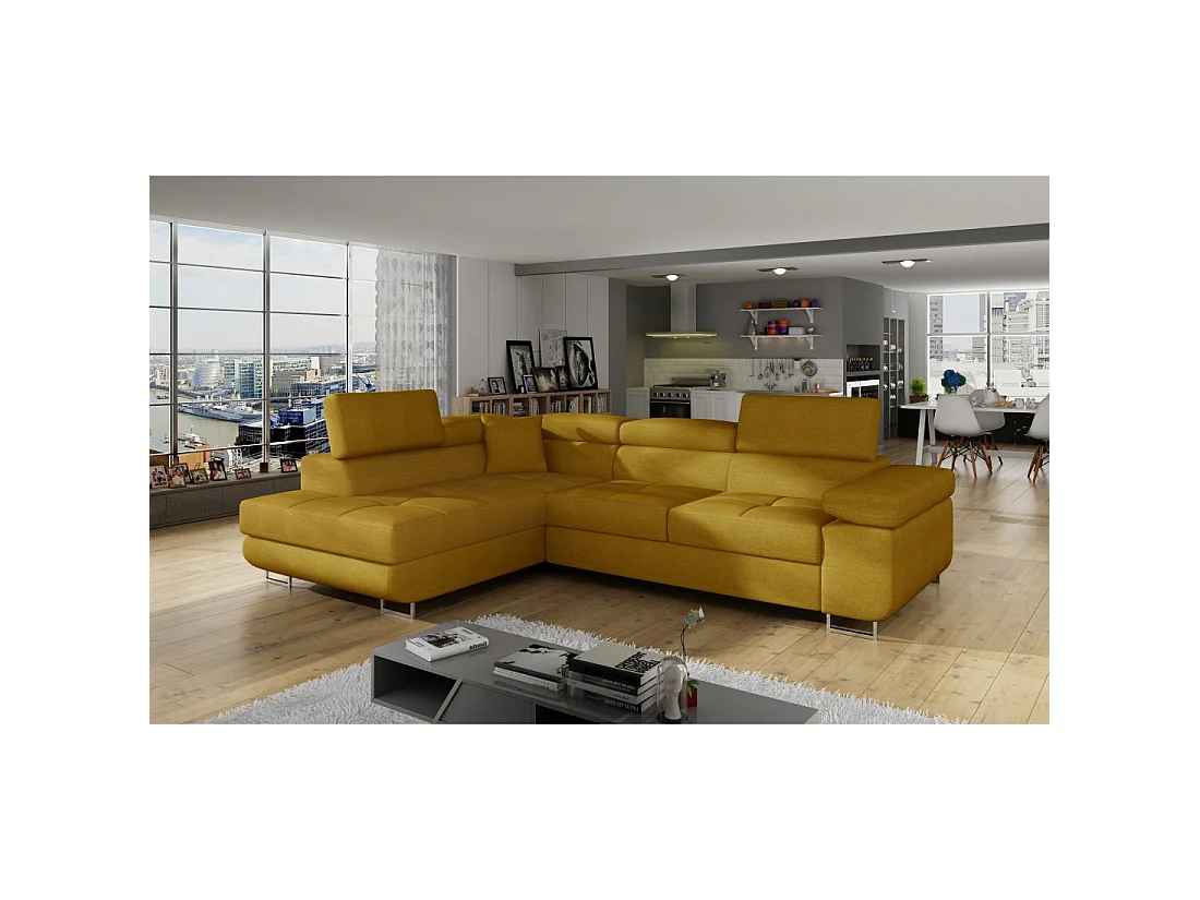 Canapé d'angle convertible MENTON jaune bouclette – Angle gauche avec coffre
