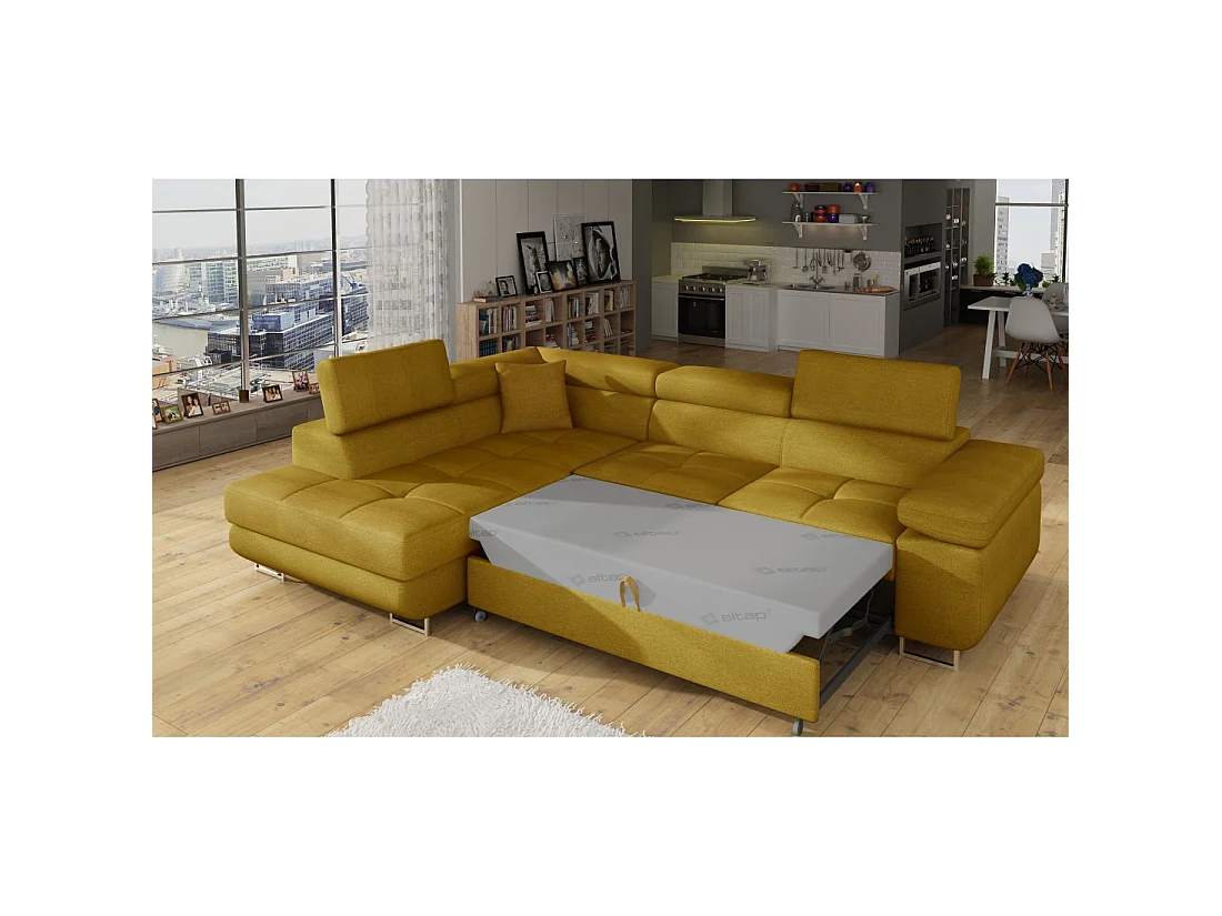 Canapé d'angle convertible MENTON jaune bouclette – Angle gauche avec coffre