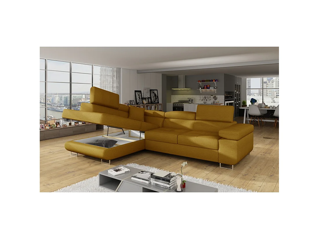 Canapé d'angle convertible MENTON jaune bouclette – Angle gauche avec coffre
