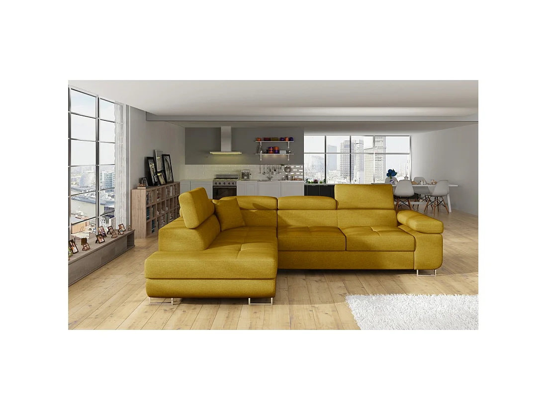 Canapé d'angle convertible MENTON jaune bouclette – Angle gauche avec coffre