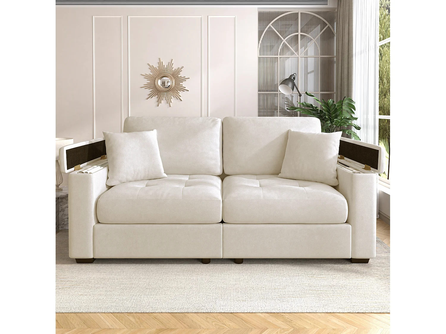 Canapé moderne 2 places - Accoudoirs avec rangement - 2 coussins - Tissu chenille - Beige