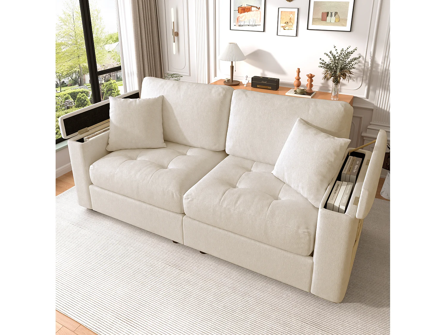 Canapé moderne 2 places - Accoudoirs avec rangement - 2 coussins - Tissu chenille - Beige