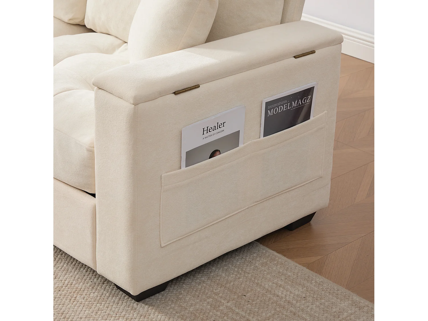 Canapé moderne 2 places - Accoudoirs avec rangement - 2 coussins - Tissu chenille - Beige