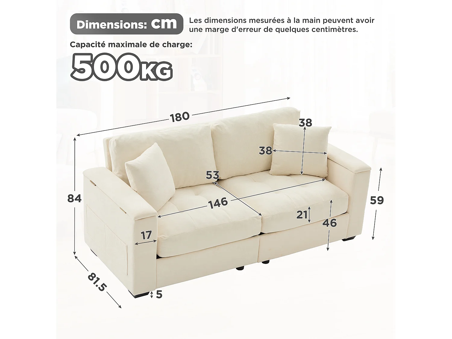 Canapé moderne 2 places - Accoudoirs avec rangement - 2 coussins - Tissu chenille - Beige