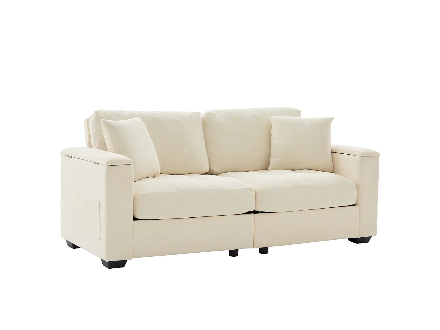 Canapé moderne 2 places - Accoudoirs avec rangement - 2 coussins - Tissu chenille - Beige