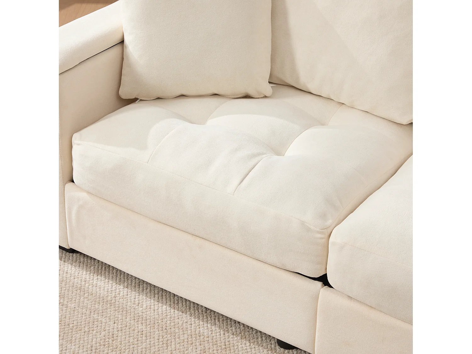 Canapé moderne 2 places - Accoudoirs avec rangement - 2 coussins - Tissu chenille - Beige