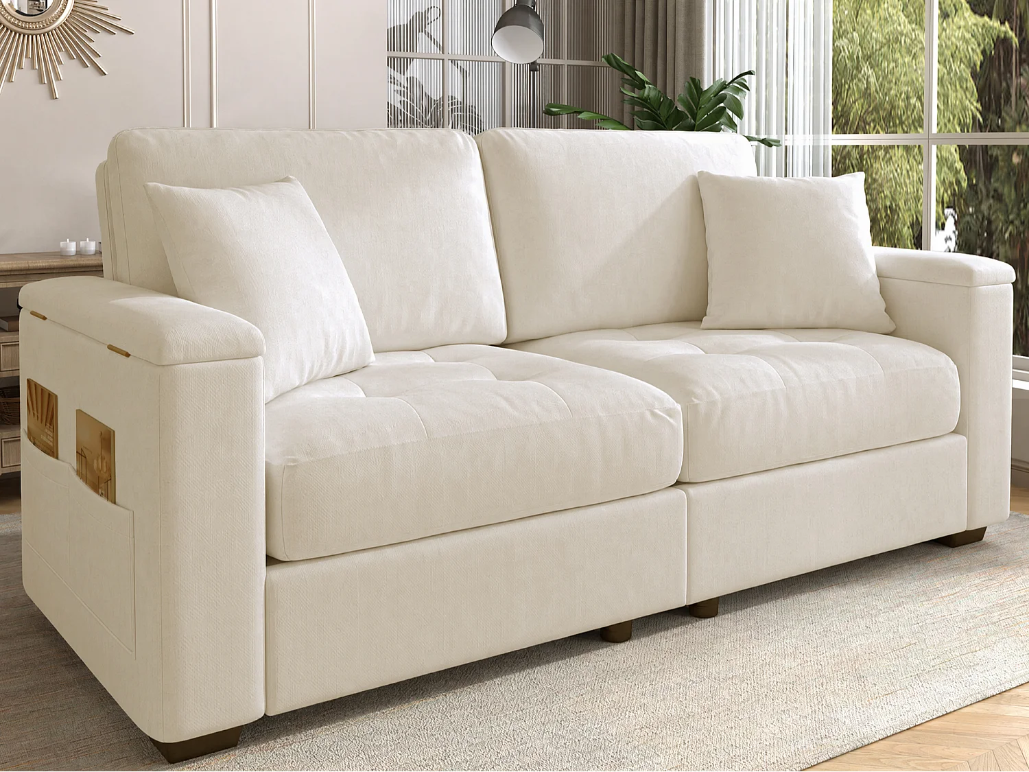 Canapé moderne 2 places - Accoudoirs avec rangement - 2 coussins - Tissu chenille - Beige