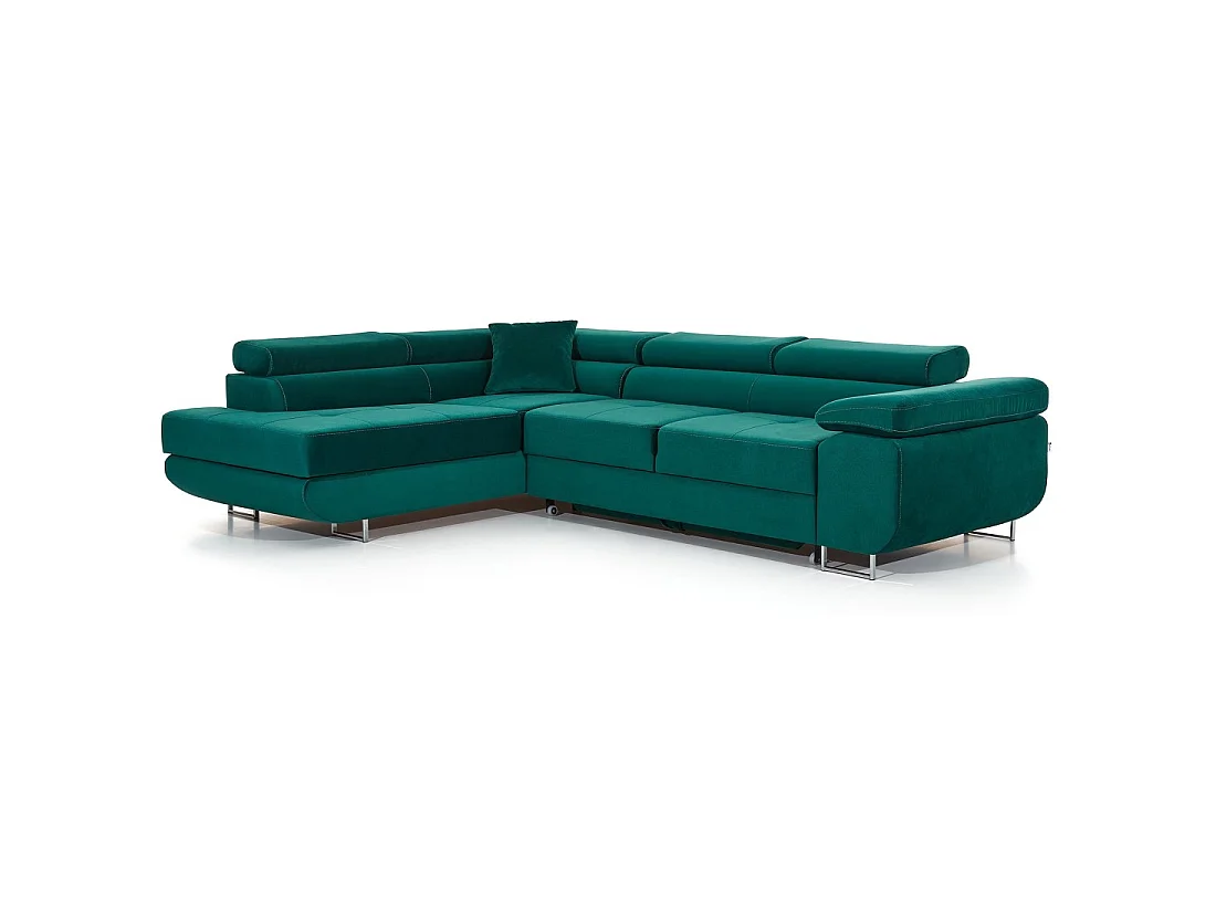 Canapé d'angle convertible MENTON vert canard velours – Angle gauche avec coffre