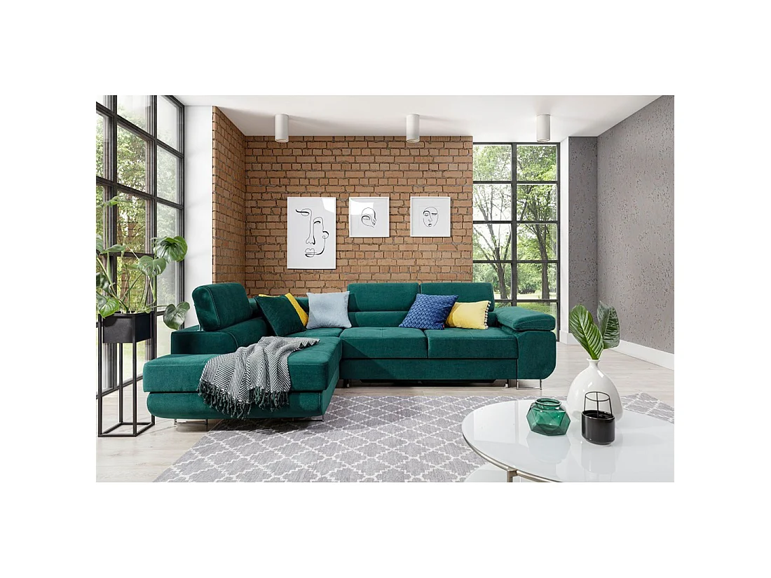 Canapé d'angle convertible MENTON vert canard velours – Angle gauche avec coffre