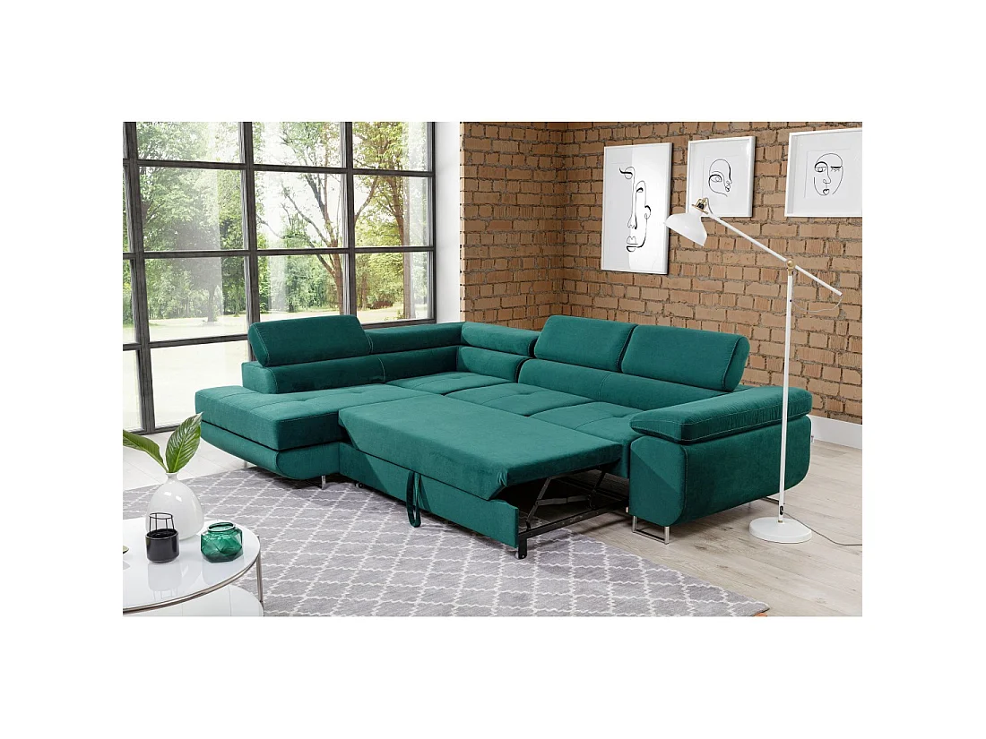 Canapé d'angle convertible MENTON vert canard velours – Angle gauche avec coffre