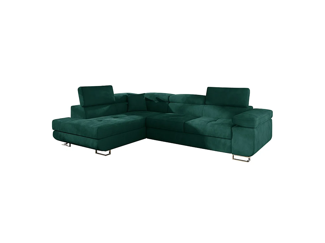 Canapé d'angle convertible MENTON vert canard velours – Angle gauche avec coffre