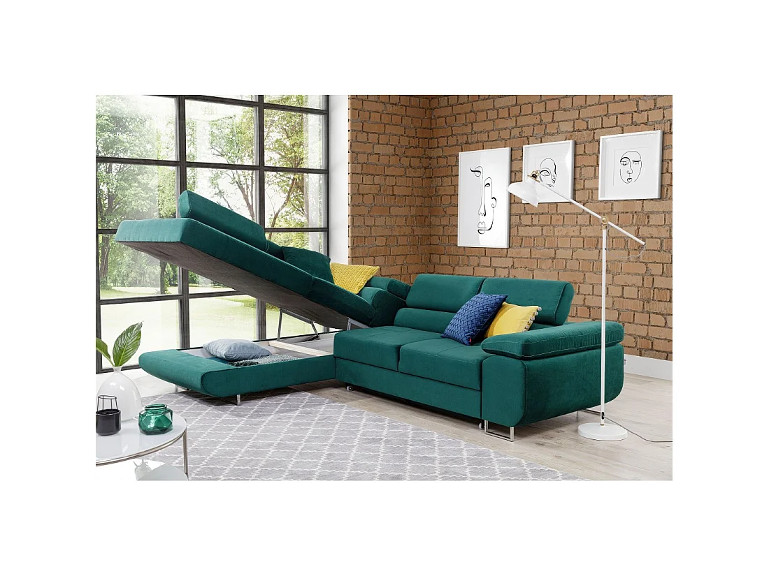 Canapé d'angle convertible MENTON vert canard velours – Angle gauche avec coffre