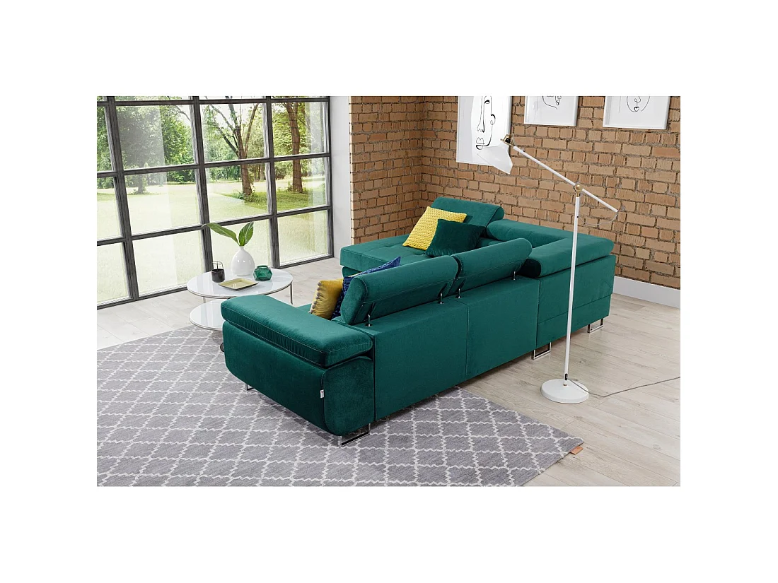 Canapé d'angle convertible MENTON vert canard velours – Angle gauche avec coffre