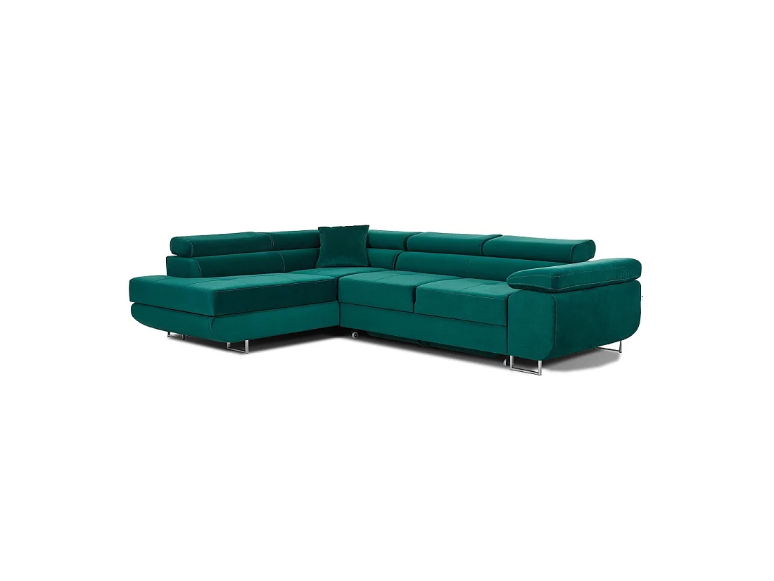 Canapé d'angle convertible MENTON vert canard velours – Angle gauche avec coffre