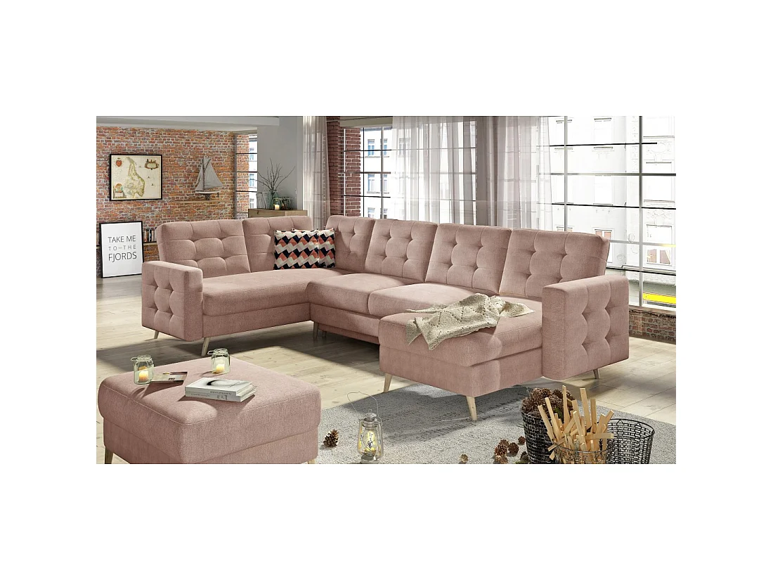 Canapé d'angle panoramique convertible HASGARD U 326x202 cm rose velours