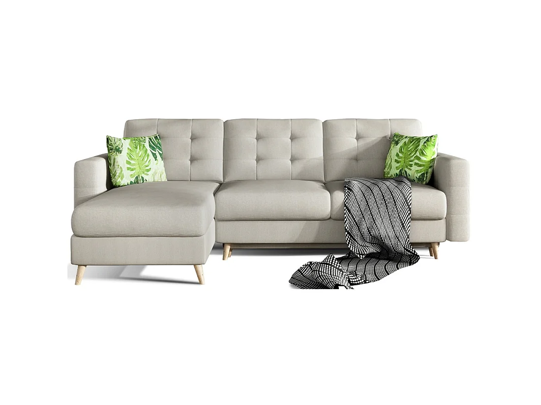 Canapé d'angle convertible HASGARD 3 places beige 248x162 cm – coffre et pieds bois