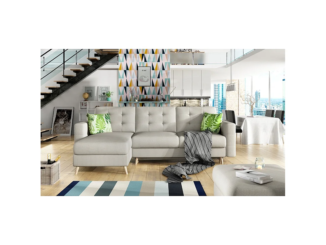 Canapé d'angle convertible HASGARD 3 places beige 248x162 cm – coffre et pieds bois