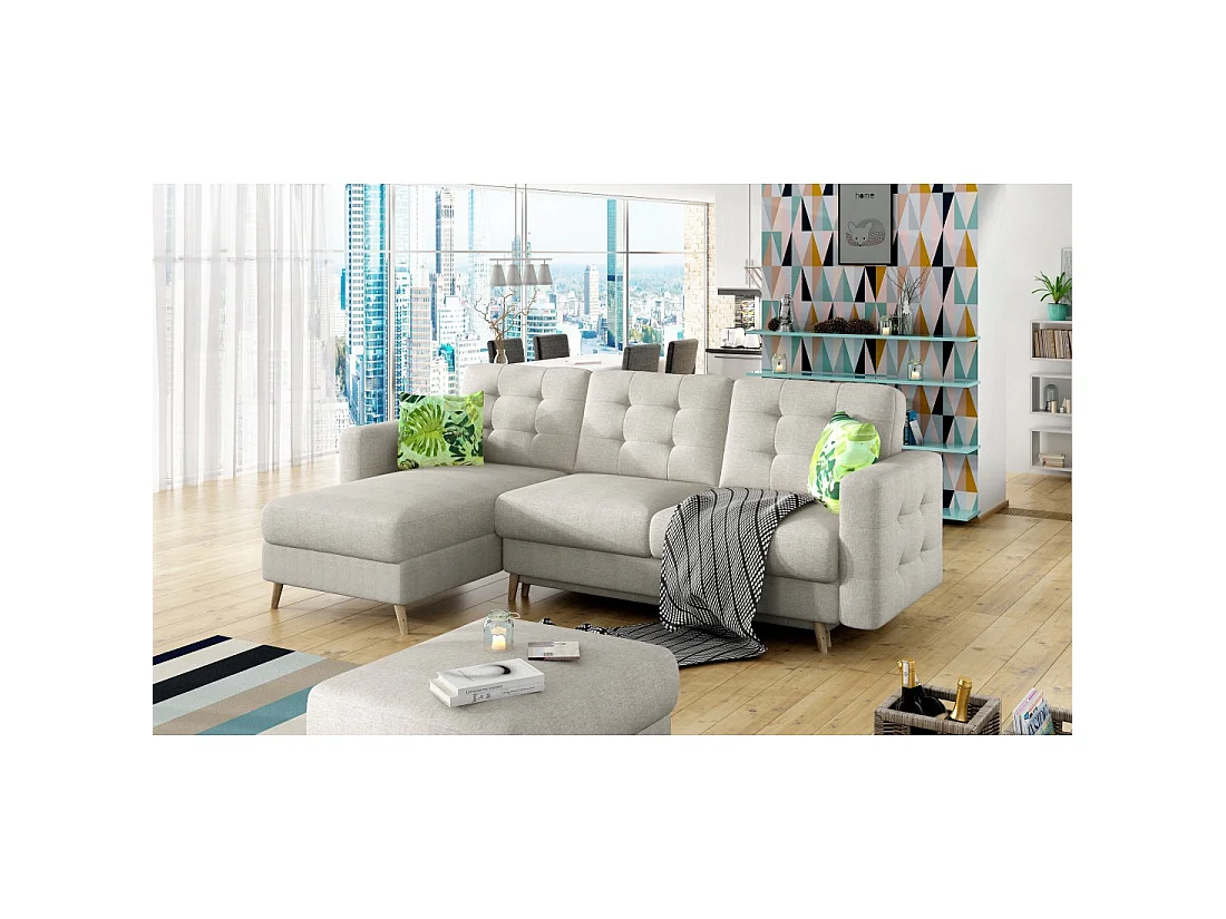 Canapé d'angle convertible HASGARD 3 places beige 248x162 cm – coffre et pieds bois