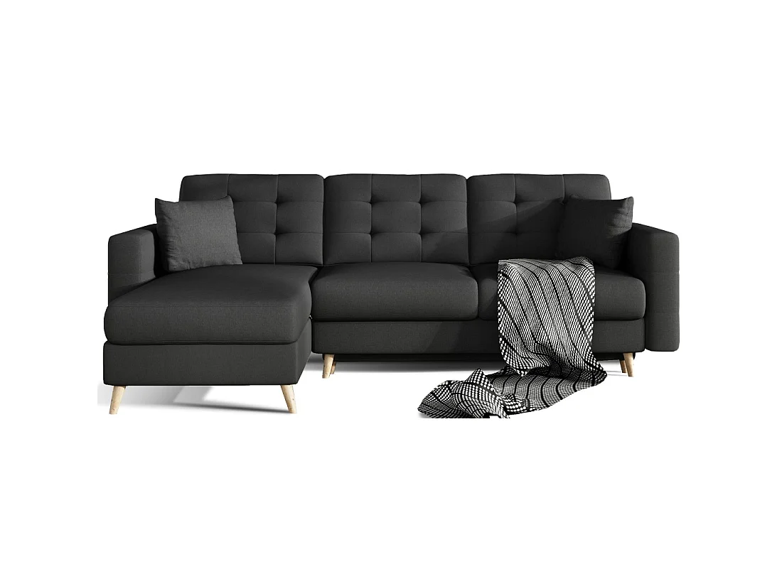 Canapé d'angle convertible HASGARD 3 places noir 248x162 cm – coffre et pieds bois