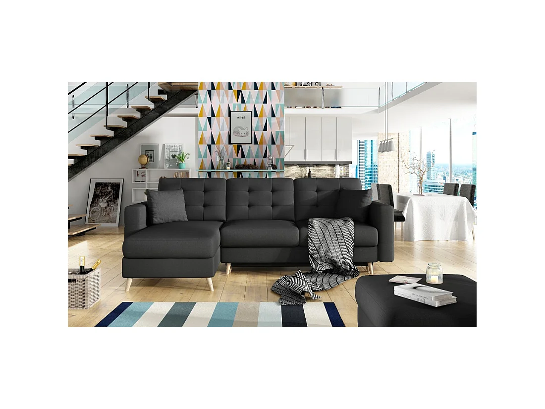 Canapé d'angle convertible HASGARD 3 places noir 248x162 cm – coffre et pieds bois