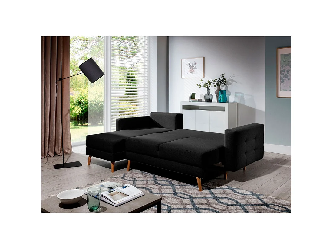 Canapé d'angle convertible HASGARD 3 places noir 248x162 cm – coffre et pieds bois