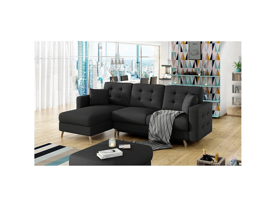 Canapé d'angle convertible HASGARD 3 places noir 248x162 cm – coffre et pieds bois