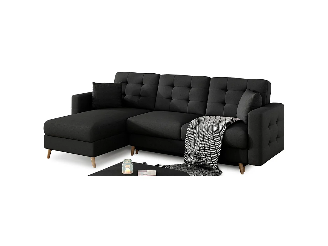 Canapé d'angle convertible HASGARD 3 places noir 248x162 cm – coffre et pieds bois