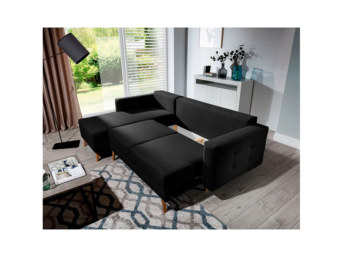 Canapé d'angle convertible HASGARD 3 places noir 248x162 cm – coffre et pieds bois
