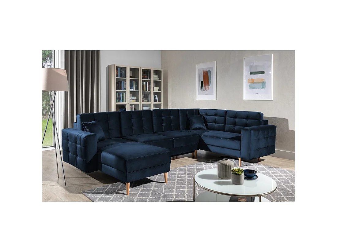 Canapé d'angle panoramique convertible U HASGARD 326 cm bleu nuit velours avec coffre