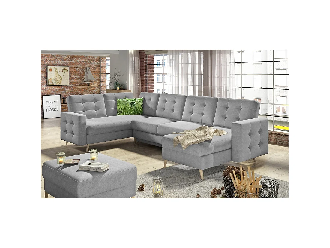 Canapé d'angle panoramique convertible HASGARD U 326 cm gris clair avec coffre