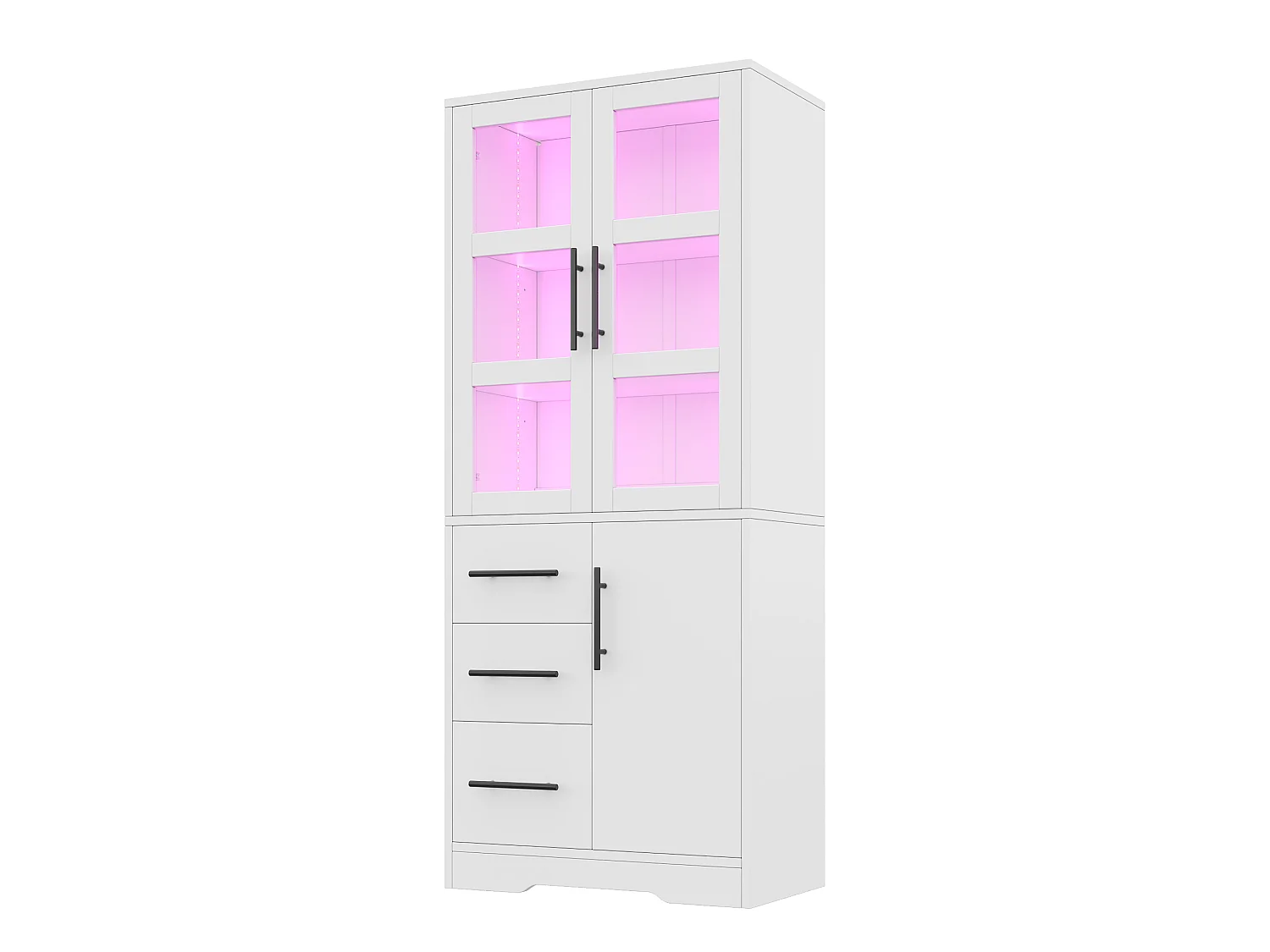Badrumsskåp 72 x 35 x 170 cm med LED-belysning, 2 glasdörrar och 3 lådor - Vit
