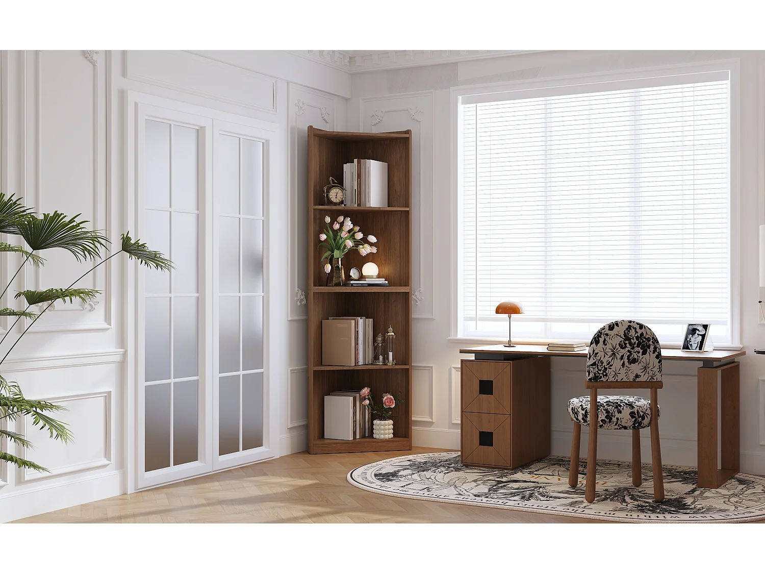 Étagère d'angle en MDF aspect noyer - Pour salon et cuisine, bibliothèque