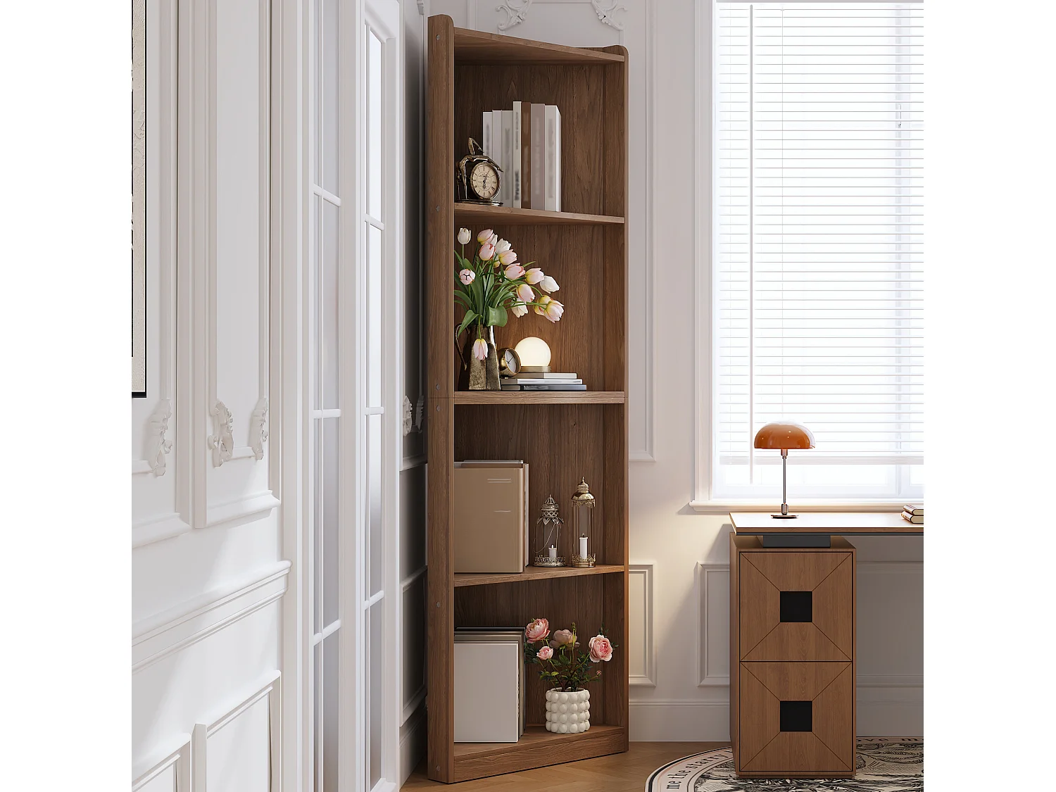 Étagère d'angle en MDF aspect noyer - Pour salon et cuisine, bibliothèque