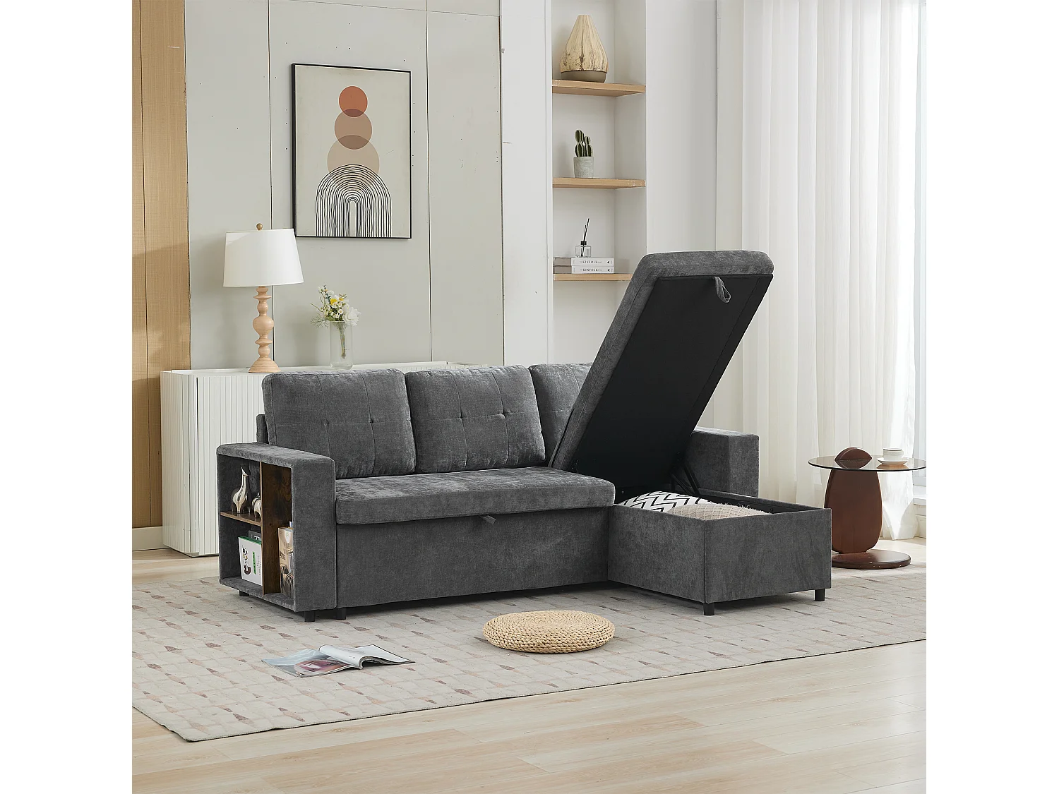Canapé d'angle en L 3 places - 202 x 136 x 85 cm - Rangement latéral - Coussins confortables - Tissu chenille - Gris