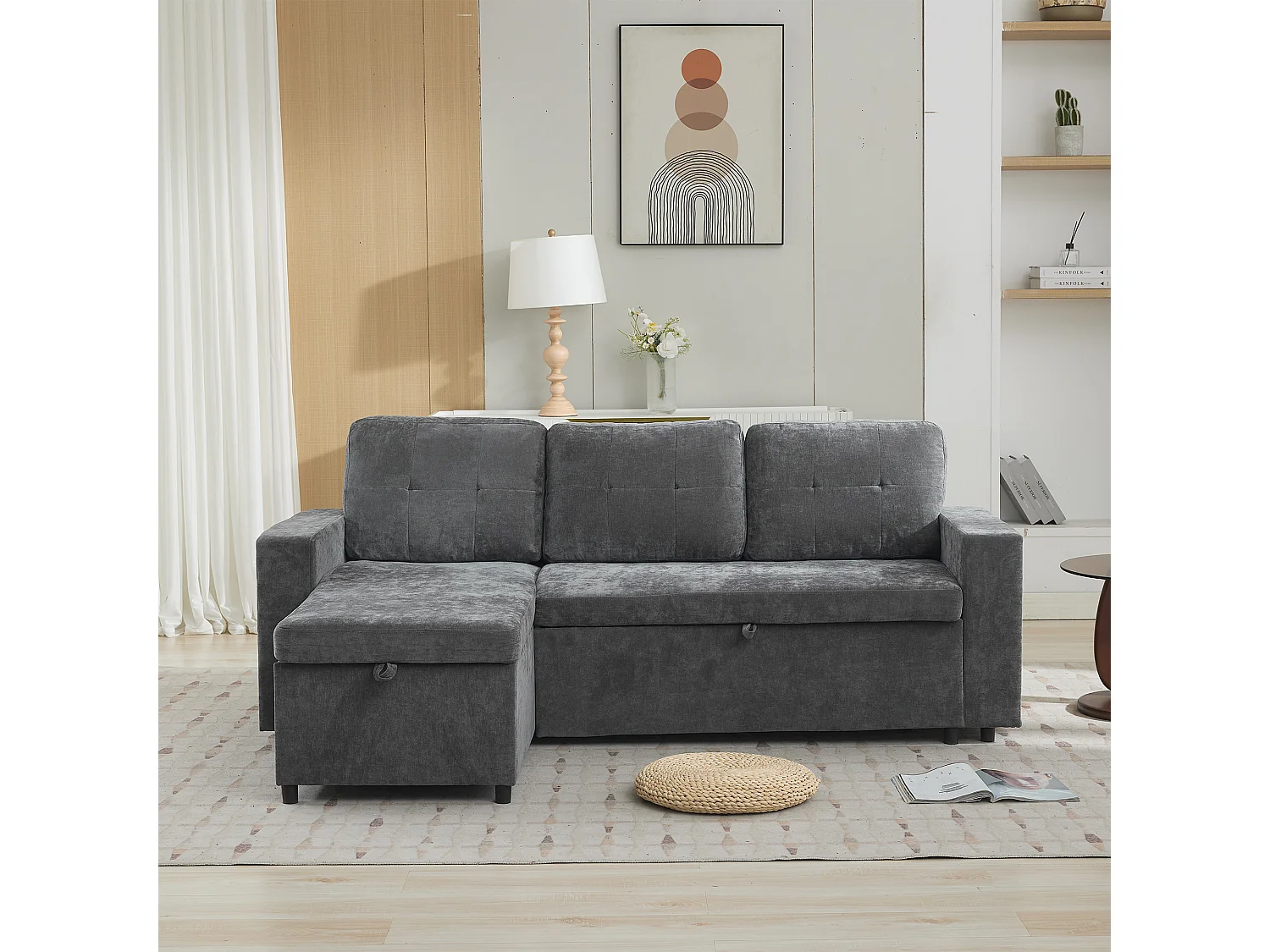 Canapé d'angle en L 3 places - 202 x 136 x 85 cm - Rangement latéral - Coussins confortables - Tissu chenille - Gris