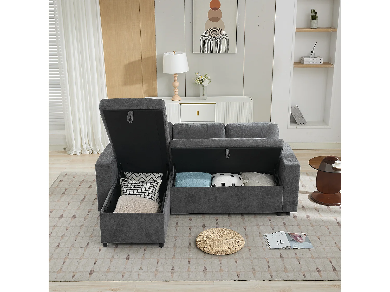 Canapé d'angle en L 3 places - 202 x 136 x 85 cm - Rangement latéral - Coussins confortables - Tissu chenille - Gris
