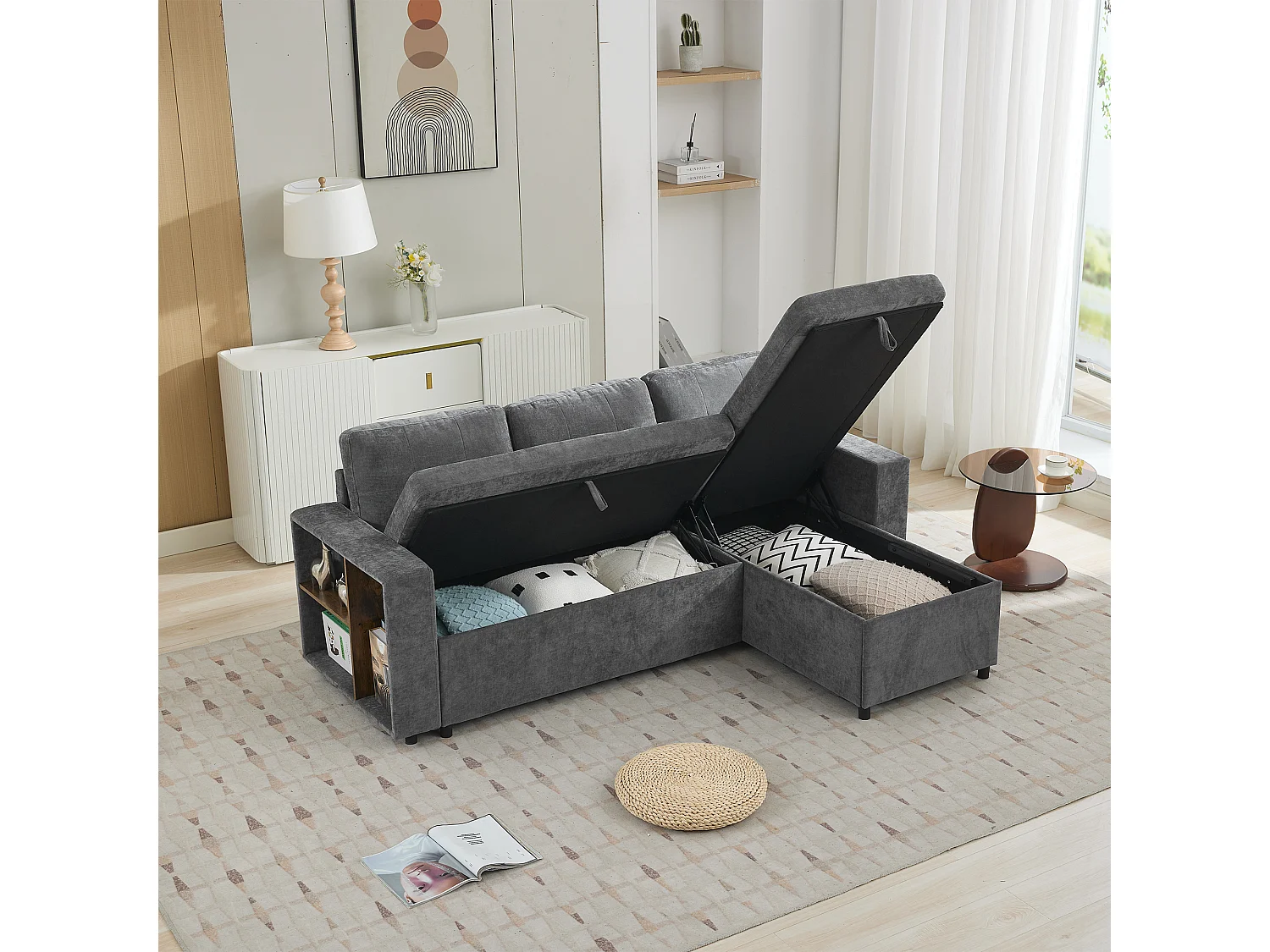 Canapé d'angle en L 3 places - 202 x 136 x 85 cm - Rangement latéral - Coussins confortables - Tissu chenille - Gris