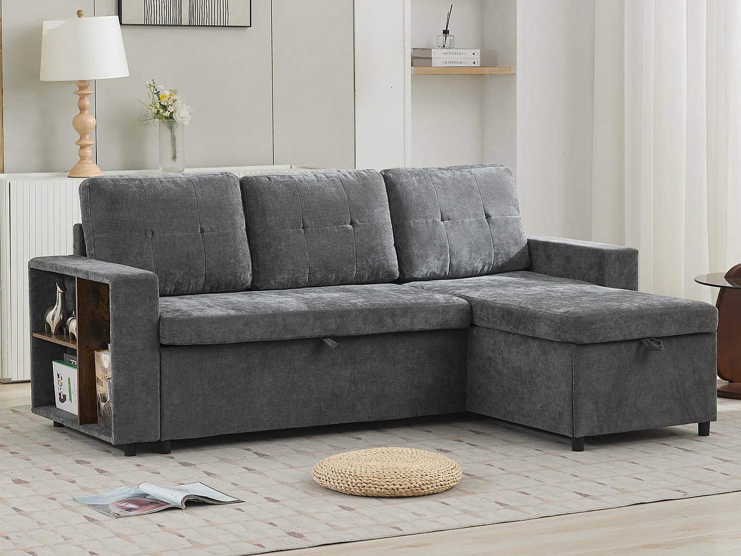 Canapé d'angle en L 3 places - 202 x 136 x 85 cm - Rangement latéral - Coussins confortables - Tissu chenille - Gris