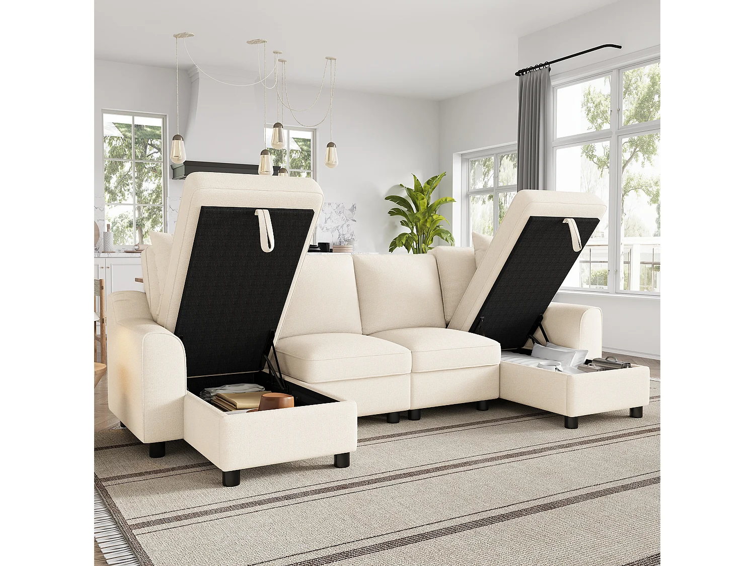 Modernes U-förmiges Ecksofa 280×137×84 cm - inklusive zwei Kissen - mit Stauraum - Chenille-Stoff - beige